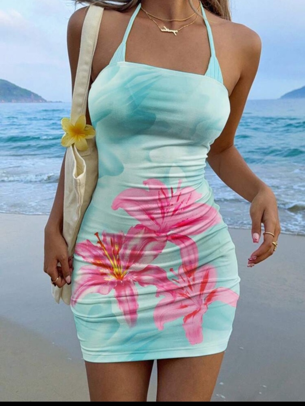 Aqua Floral Halter Bodycon Dress with Pink Lily Print